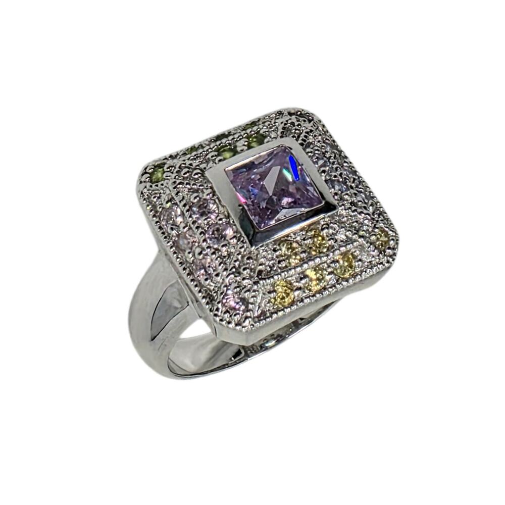 VTG Simulated-Amethyst Sterling Silver Cocktail Ring With Pave' Crystals SZ 7